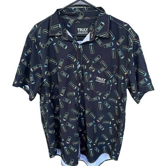 Truly Shirt Mens Large Black Hard Seltzer Button Up Drinking All Over Print - Picture 1 of 11